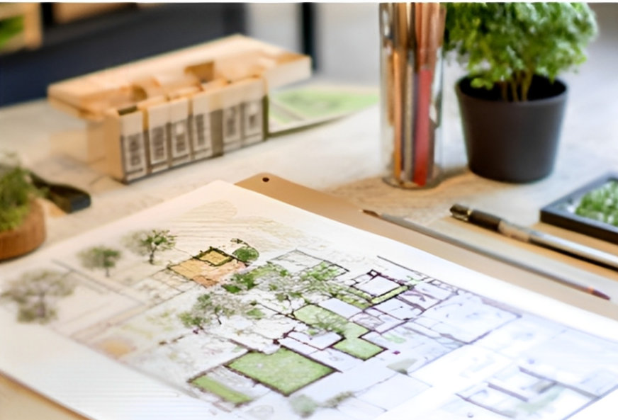 Image of a model and a schematic of a building plot on a desk